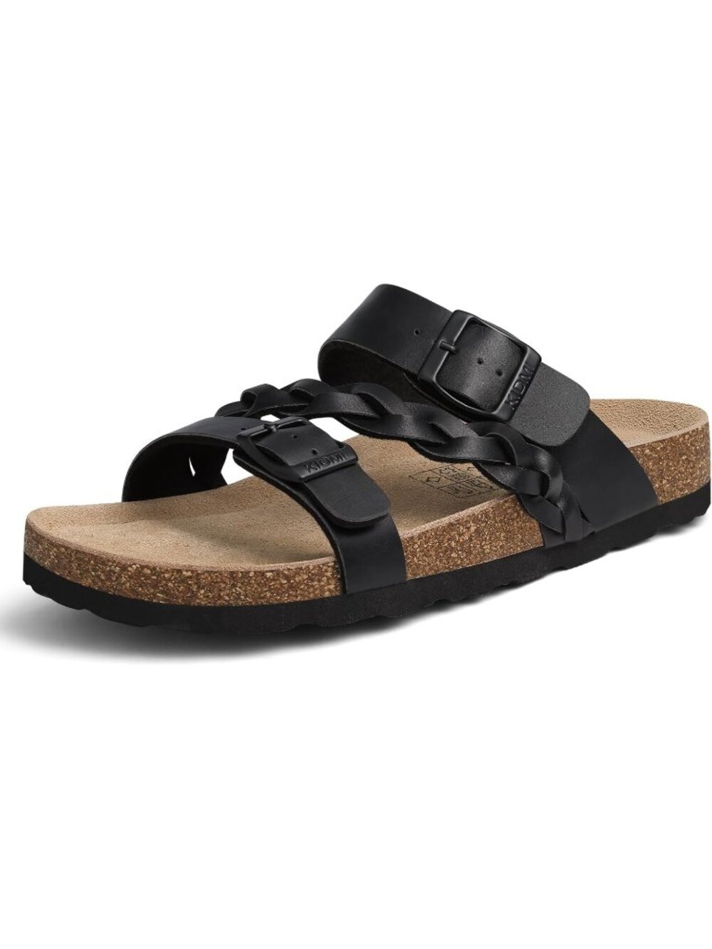 Women's Black Matte Slide Sandals Cork Footbed Slip-On Adjustable Buckle Shoes